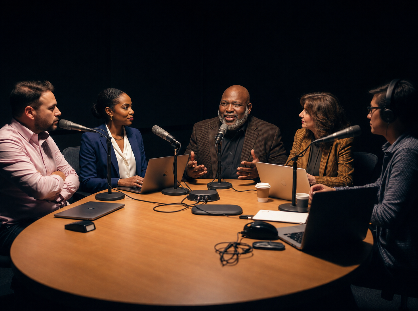 Five professionals around a round table recording a podcast, including an African-American woman and man, talking business finance over broadcast microphones