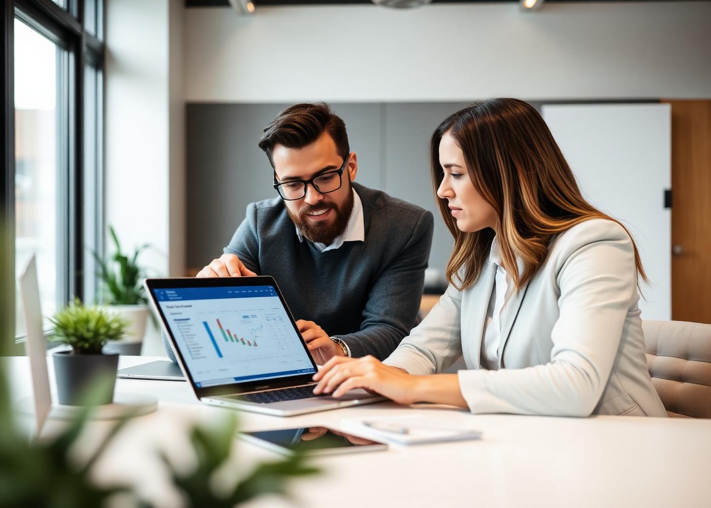A consultant and business owner reviewing a business credit profile on a laptop