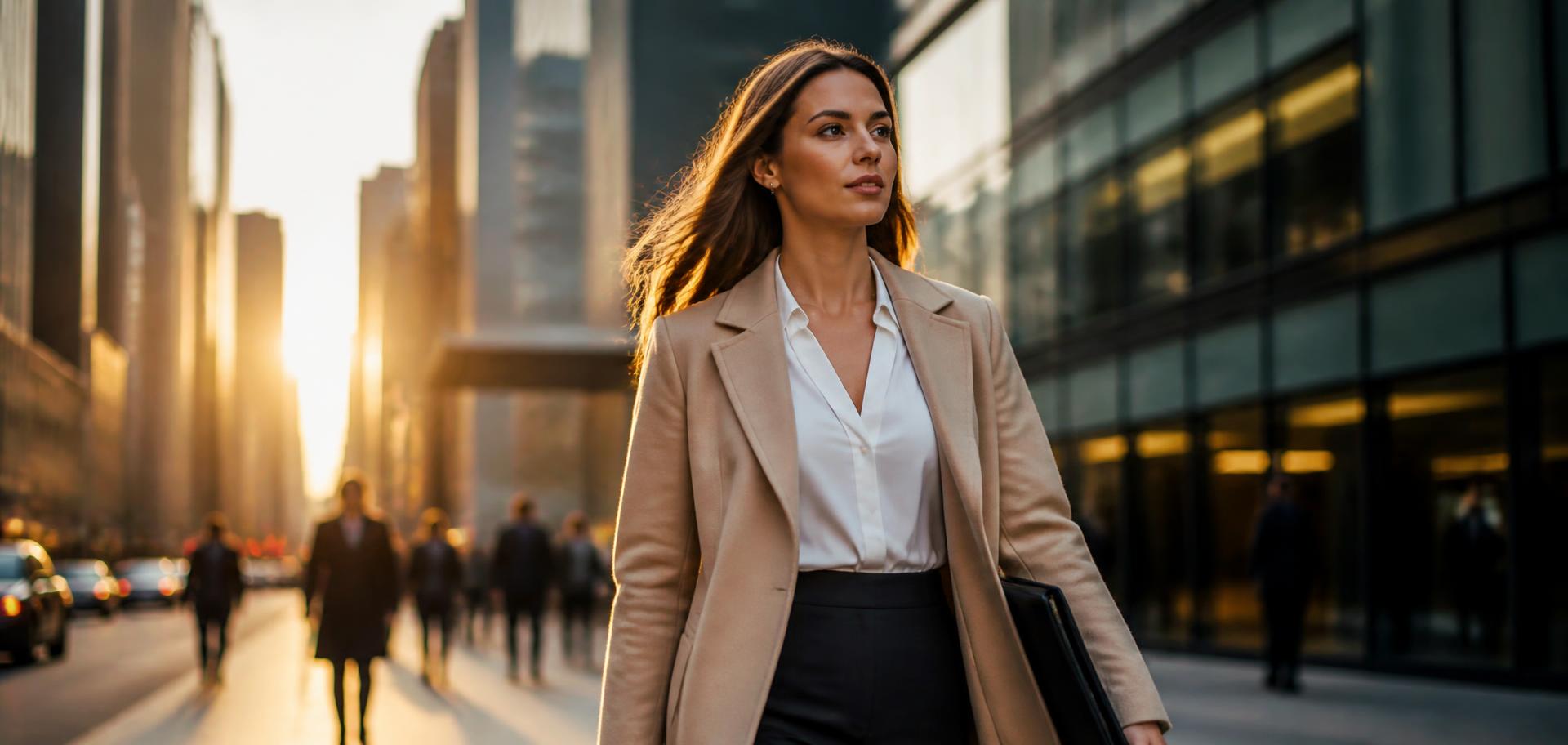 A confident professional walking through a downtown business district