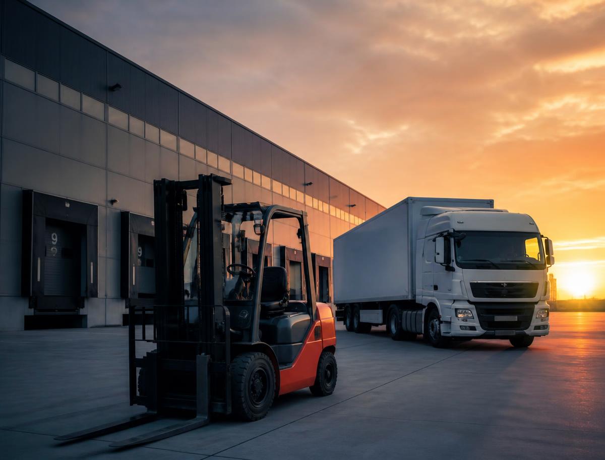 Commercial equipment and delivery truck at a logistics yard