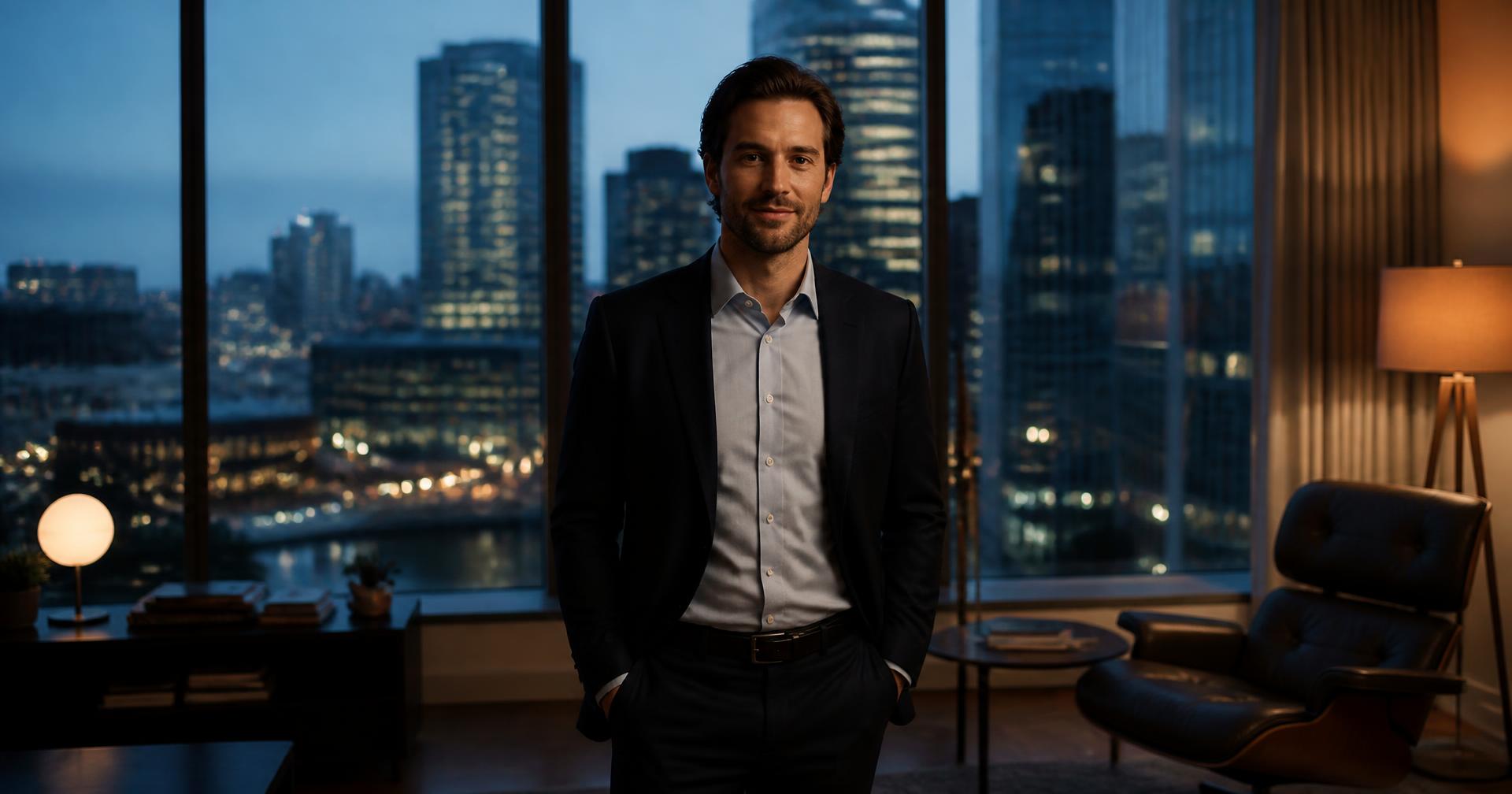 A confident professional in a modern office overlooking a city business district