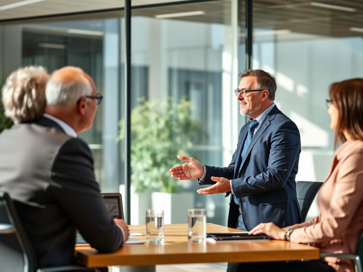 A consultant meeting with business owners in a modern office