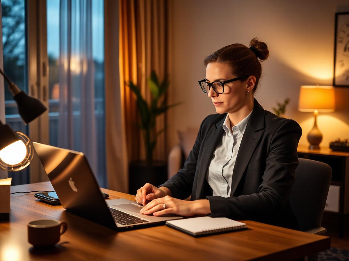 A professional working from an attractive home office in the evening