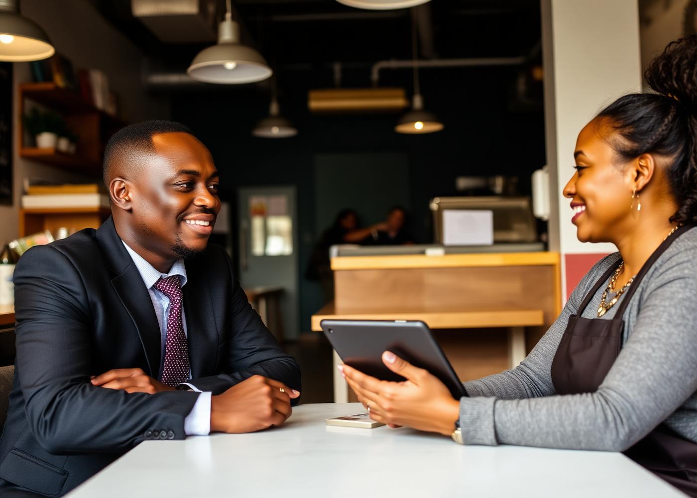 A consultant sitting across from a small business owner in her shop
